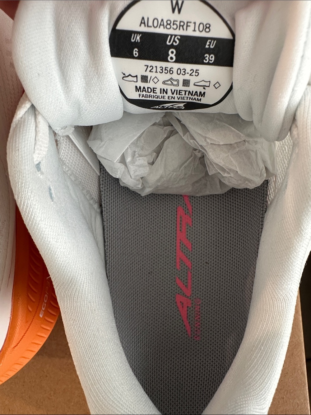 Altra White Running Shoes with Orange and Pink Gradient Sole - Picture 10 of 14